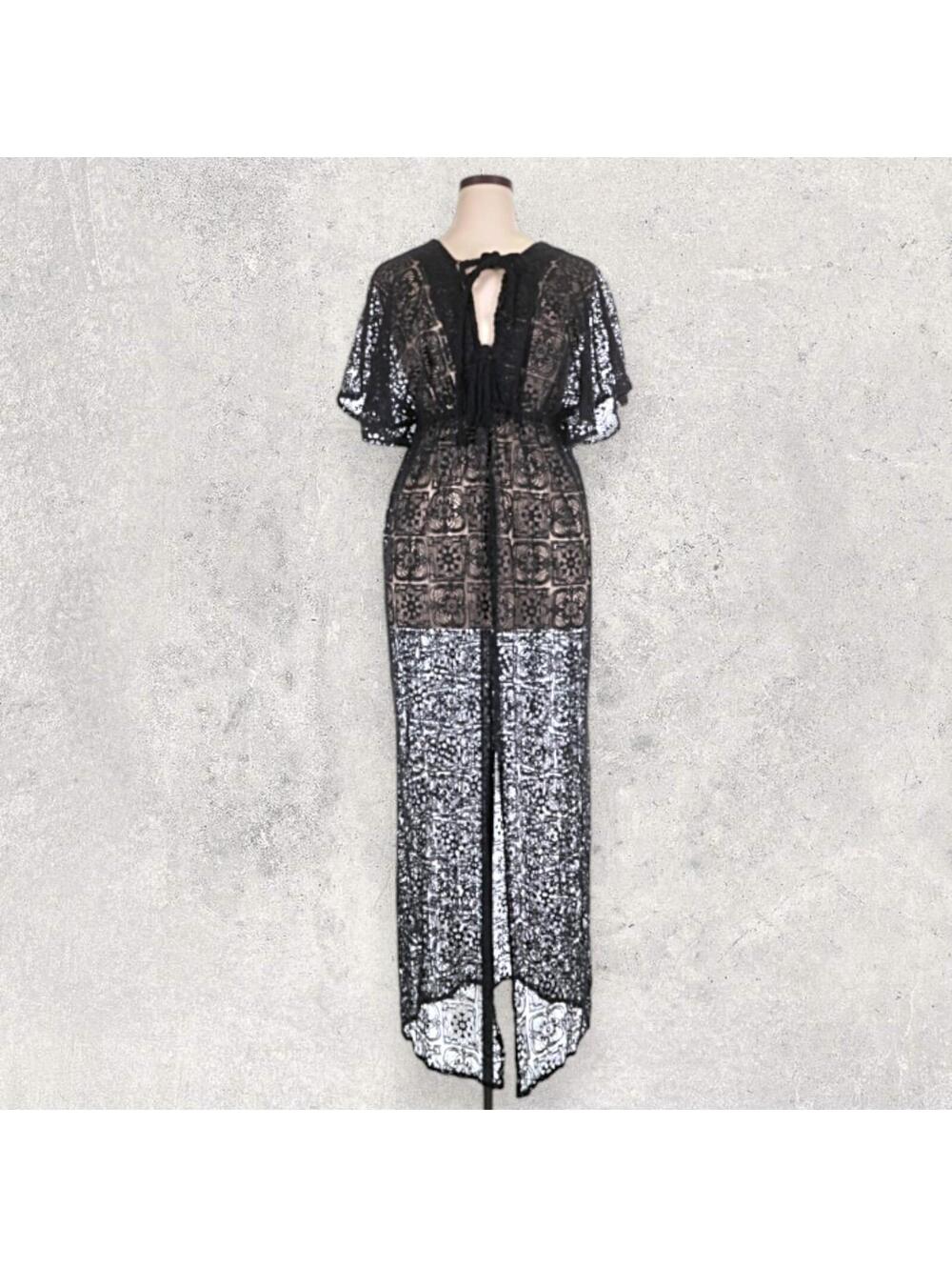Ancient Kallos Greek Resortwear Beach Swimsuit Coverup Crochet Kaftan Black Lace